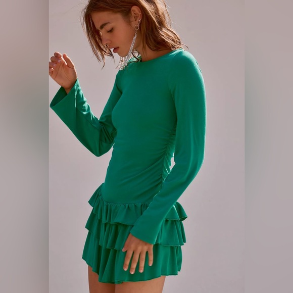 Free People Dresses & Skirts - Free People 'Good Feels' Ruffle Long Sleeve Mini Dress in Emerald Green | Size L